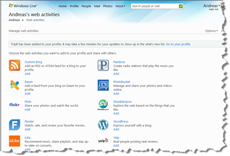 Windows Live Web activities