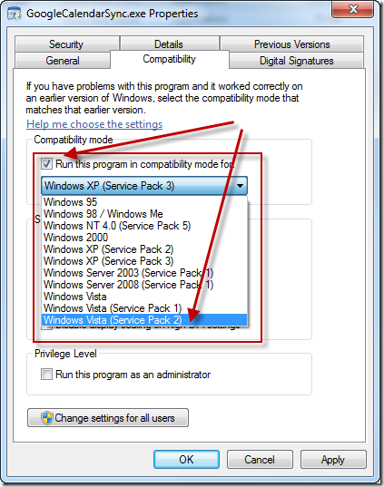 GoogleCalndarSync.exe Properties - Compatibility Tab