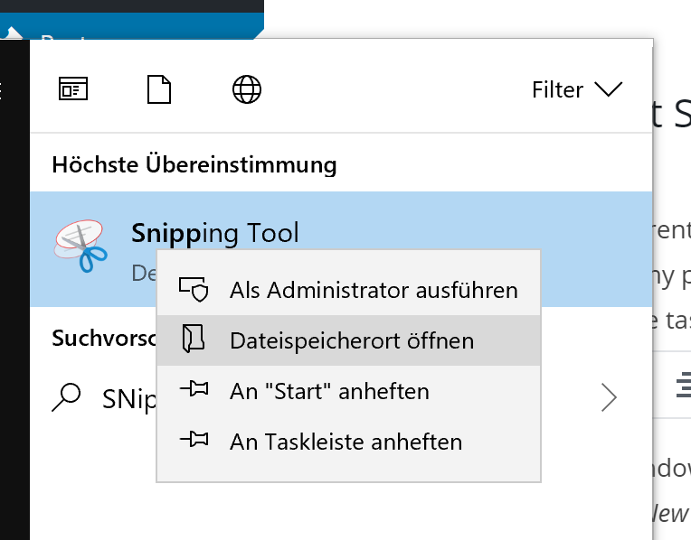 Snipping Tool Context Menu in the Windows Start Menu