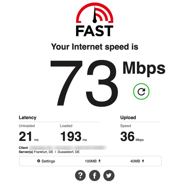 fast.com speed test results